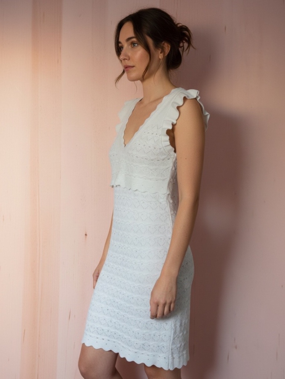 Line and Dot White Crochet Knit Ruffle Mini Dress Size Large